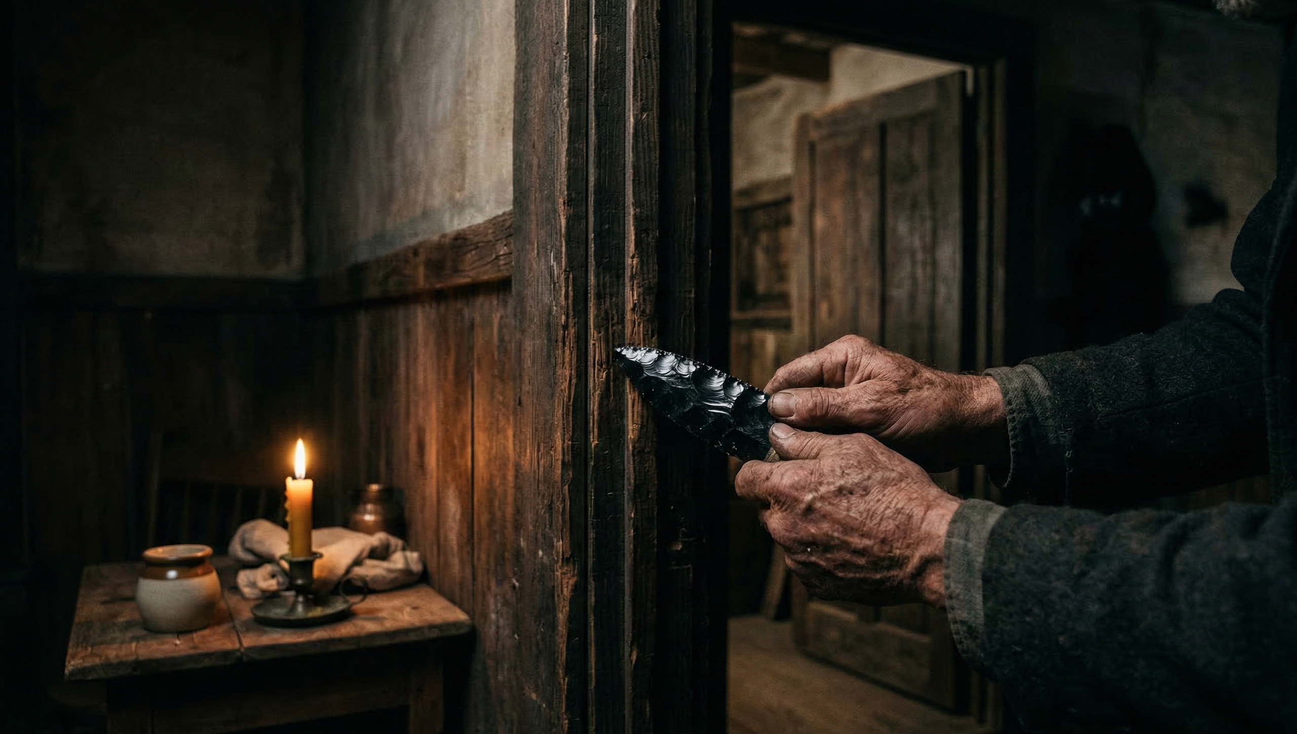 A wide cinematic photorealistic image. Close up of a pair of weathered hands pressing a dark obsidian blade gently to the wooden doorframe of an old Texas house interior. Amber candlelight catches the obsidian surface. The walls behind show faint shadowy disturbances — not horror, not obvious — just a subtle wrongness in the corners. The mood is surgical, focused, clinical. A practitioner at work. Dark tones. Serious. Grounded. No fantasy elements. No text.