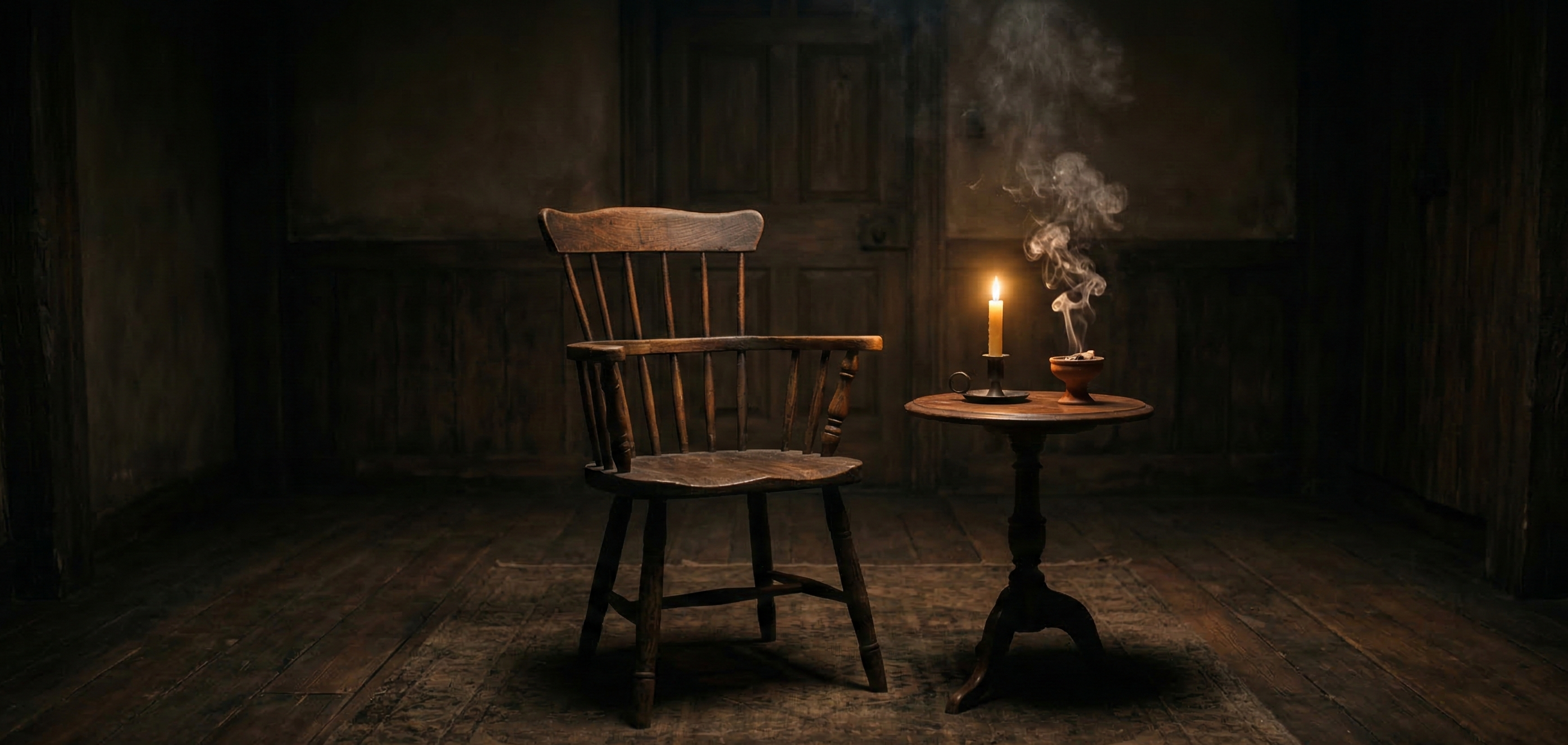 A wide cinematic photorealistic image. A single empty wooden chair sits in the centre of a dimly lit room. A single candle burns on a small table beside it. Copal smoke drifts slowly upward. The room feels weighted — not haunted, not fearful — but heavy with something unresolved. The amber light pools on the chair suggesting a presence or an absence. The mood is quiet, serious, intimate. Dark obsidian tones. No people. No fantasy elements. No text.
