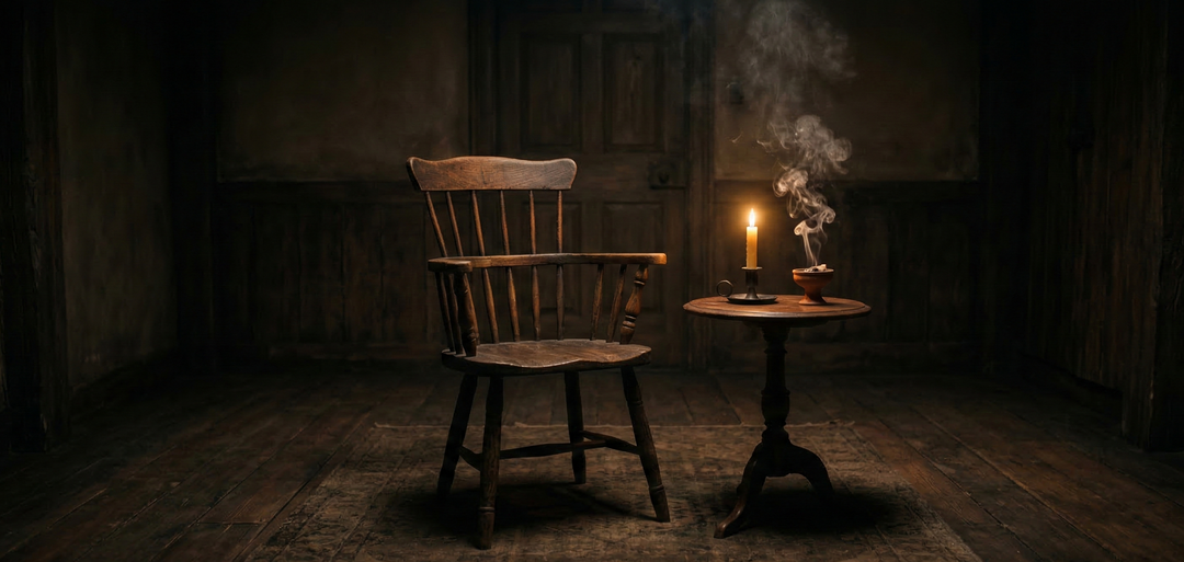 A wide cinematic photorealistic image. A single empty wooden chair sits in the centre of a dimly lit room. A single candle burns on a small table beside it. Copal smoke drifts slowly upward. The room feels weighted — not haunted, not fearful — but heavy with something unresolved. The amber light pools on the chair suggesting a presence or an absence. The mood is quiet, serious, intimate. Dark obsidian tones. No people. No fantasy elements. No text.