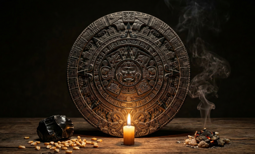 A wide cinematic photorealistic image. An ancient Aztec tonalpohualli calendar stone rendered in obsidian and dark stone, partially illuminated by a single candle flame from below. Around it on a dark wooden surface — copal incense smoke drifting upward, a few maize kernels, and a single obsidian piece. The mood is ancient, precise, and serious. Deep shadows. Amber light catching stone details. No people visible. No fantasy elements. No text.